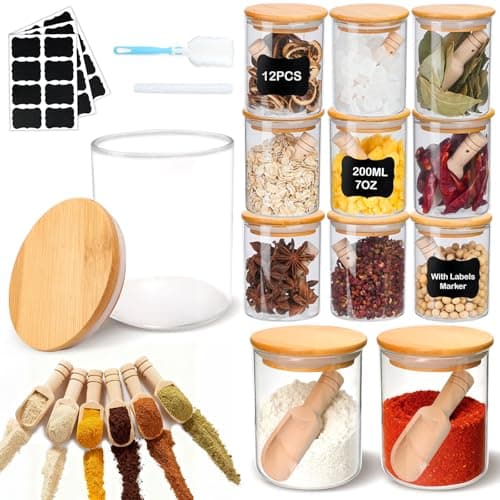 Image of MOAMUN 12 PCS Glass Spice Jars with 12 Wooden Spoons, 200ML/7OZ Airtight Glass Jar with Bamboo Lids, Labels, Pen and Sponge Brush, Heatable Seasoning Jars Bottles for Spices Seasoning Tea Herbs Grains