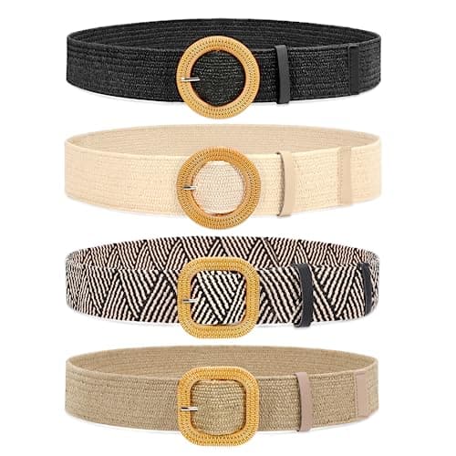 Image of JASGOOD 4 Pack Straw Woven Elastic Stretch Waist Belts for Women Dresses, Fashion Boho Ladies Braided Skinny Belt, Black & Sand & Stripe & Khaki(Square Buckle),L