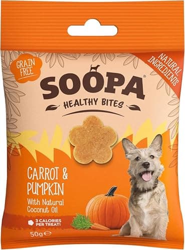 Image of Soopa Carrot & Pumpkin Healthy Bites, Human-Grade, Grain-Free, Natural Dog Treats for Small Dogs, Medium, Large, Puppy, Dog Training Treats, Low Calorie, Superfood Ingredients, Vegan, 50 g, 1-Pack