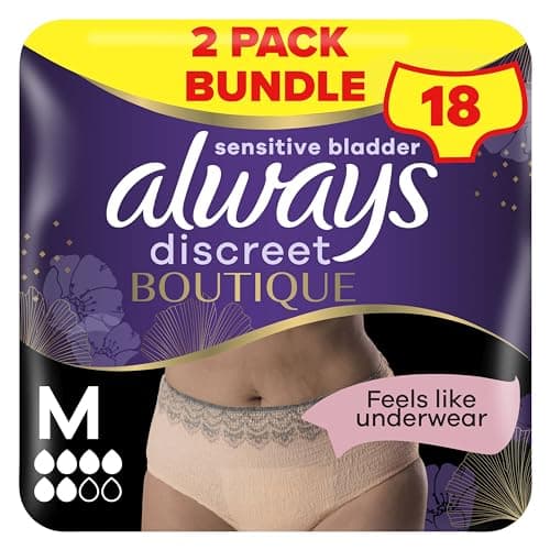 Image of Always Discreet Boutique Incontinence Pants Women, Medium, Plus, 18 High Absorbency Pants (9 x 2 Packs), Odour Neutraliser, Softness and Protection, For Sensitive Bladder