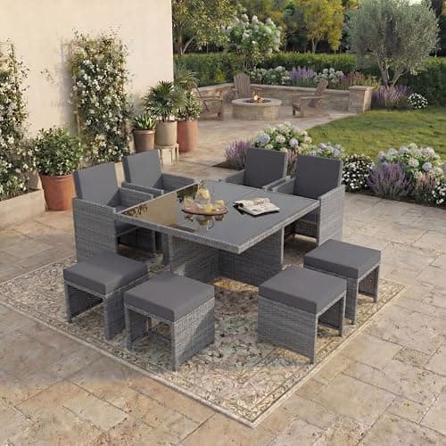 Image of Garden Vida Cuba 8 Seater Rattan Set | Grey | Complete Outdoor Garden Patio Dining Table Set | Steel Frame & PE Wicker | UKFR Certified | Weather Resistant, Tempered Glass, With Cushions