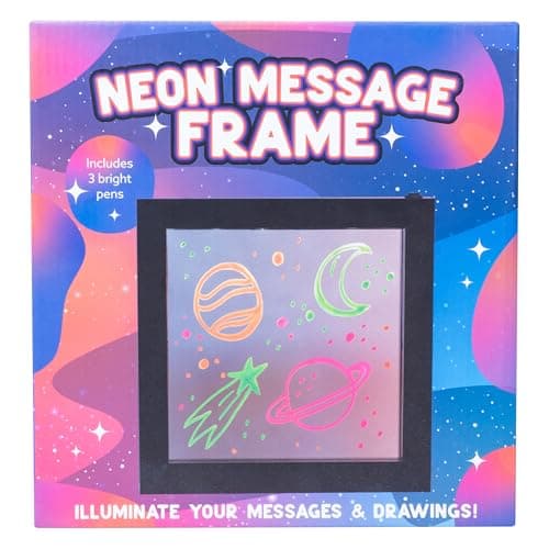 Image of Fizz Creations Neon Light Effect Message Frame. Includes 3 Coloured Pens to Write Your Message - Pink, Green & Orange. Wall Mountable. Wipe Clean. Battery Powered. Notice Board LED Sign