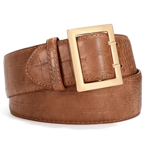 Image of VONMELLI Women Wide Leather Belt for Jeans Dress Fashion Belts for Women Gold Buckle Ladies Waist Belt for Coat with Square Buckle Brown with Gold Buckle XL