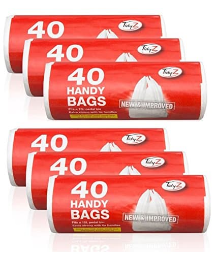 Image of Tidyz 6 Packs Of 40 White Plastic Bin Bags - Fits 15L Pedal Bin - Extra Strong Tie Handle - 240 Bags Total