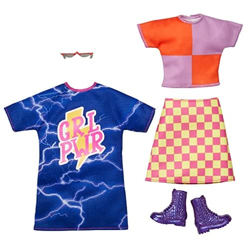 Image of Barbie Fashions 2-Pack Clothing Set, 2 Outfits Doll Include Color-Blocked Shirt with Checkered Skirt, “GRL PWR” Dress & 2 Accessories
