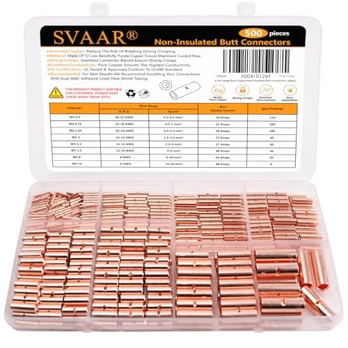 Image of SVAAR Non-Insulated Butt Connectors 500 PCS Butt Splice Connectors,Bare Pure Copper Non-Insulated Wire Connectors for 26-6 Gauge Butt Splice Crimp Butt Connectors,Uninsulated Electrical Butt Terminals