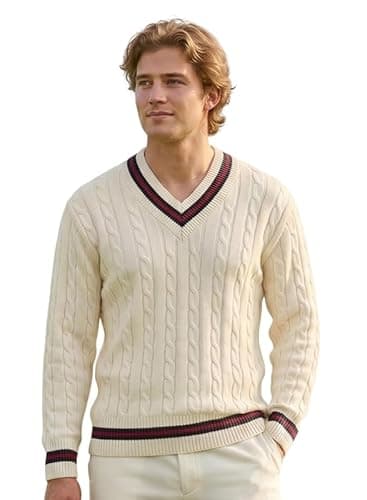 Image of M&K Long Sleeves V Neck Cable Knit Cricket Jumpers for Men UK Golf Pullover Cream Sweater Sportswear Jersey Top Vest Plus Size S to 4XL