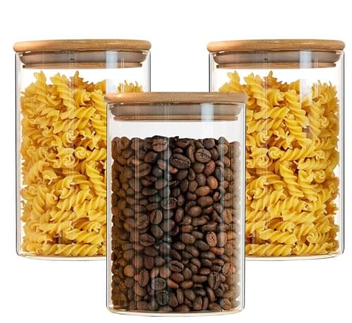 Image of Hylruu Round Glass Storage Jars with Lids 1000ML Set of 3 - High Borosilicate Glass Airtight Kitchen Food Canisters Cylinder Clear Preserving Seal Containers with Lid