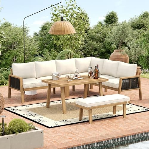 Image of BTM 6-7 Seater Patio Dining Set, Garden Furniture Set with Acacia Wood Frame & Tabletop, Garden Corner Sofa + Bench with Rope Braiding and All Chairs & Backrest Cushions, Natural+ cream