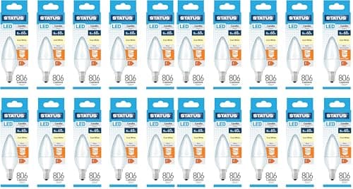 Image of Status LED Candle Bulbs, E14 Small Edison Screw, 8W 806lm Cool White 6500K, 60W Equivalent Decorative Lighting for Home or Office, White (8SLCCE14P1B10) (Pack of 2)