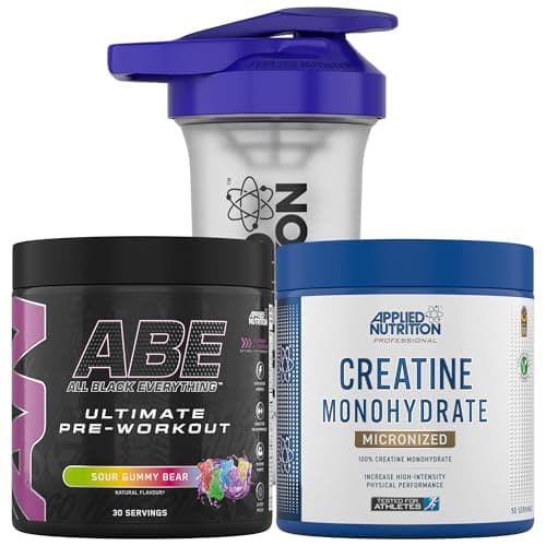 Image of Applied Nutrition Bundle ABE Pre Workout 375g + Creatine 250g + 700ml Protein Shaker | All Black Everything Pre Workout Powder, Energy & Performance with Creatine, Beta Alanine (Sour Gummy Bear)