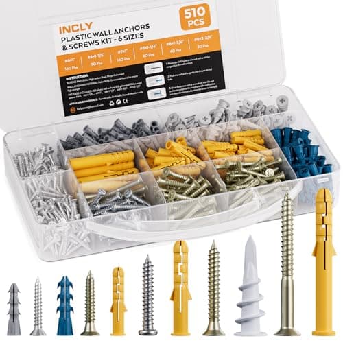 Image of INCLY 510 Pcs Wall Plugs and Screws Set, 255 Plastic Wall Anchors Bolts and 255 Self Tapping Metal Screws, 6 Sizes for Brick Concrete Drywall Masonry Wooden Hanging & Fixings