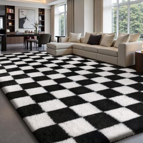 Image of Sour Lemon Rugs Living Room 140x200cm,Black and White Checkered Area Rug for Bedroom,Washable Anti Slip Extra Large Shaggy Rug Soft Fluffy Rug Fuzzy Carpet for Kids Room Nursery,Dorm Home Decor