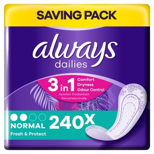 Image of Always Dailies Panty Liners, Fresh & Protect, Normal, 240 Liners (60 x 4 Packs), SAVING PACK, Odour Neutraliser, Absorbent Core