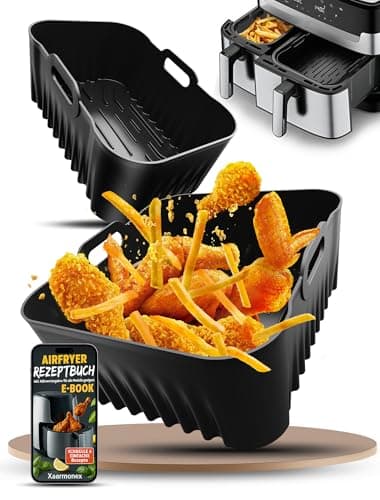 Image of Silicone Air Fryer Liner for Tefal Dual Easy Fry XXL 11L, Air Fryer Accessories for Air Fryer Dual Drawer Baskets EY942BG0,AirFryer Trays for Tefal 6.5L & 4.5L 2 Drawer Basket Air Fryer（2Pcs Black）