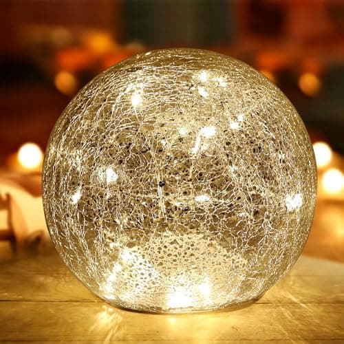 Image of Mercury Crackle LED Glass Globe Ball Lamp with Timer, Battery Operated Night Light for Girls, Birthday, Halloween,Christmas - Decorative Gift for Home Warm White (with Timer, 1)