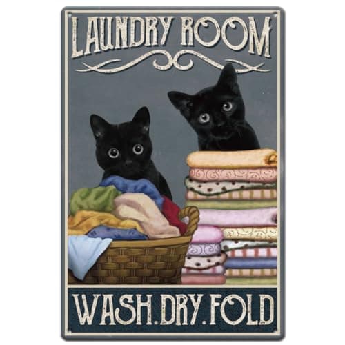 Image of SUPERDANT Black Cat Metal Signs Laundry Room Tin Signs Wash Dry Fold Wall Plaques Laundry Room Poster Art for Man Cave Washroom Cat Gift