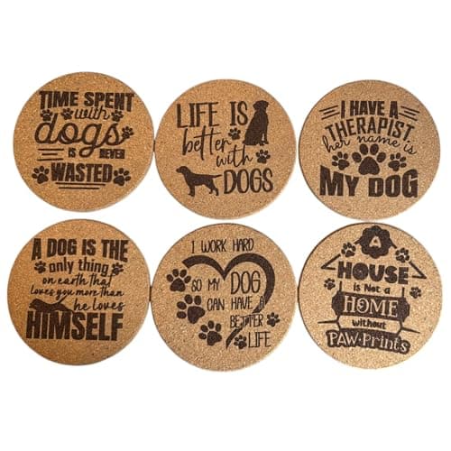 Image of AETN Creations Dog Quote Cork Coaster Set – Pack of 6 Collectible Designs for Dog Lovers – Funny and Heartwarming Phrases