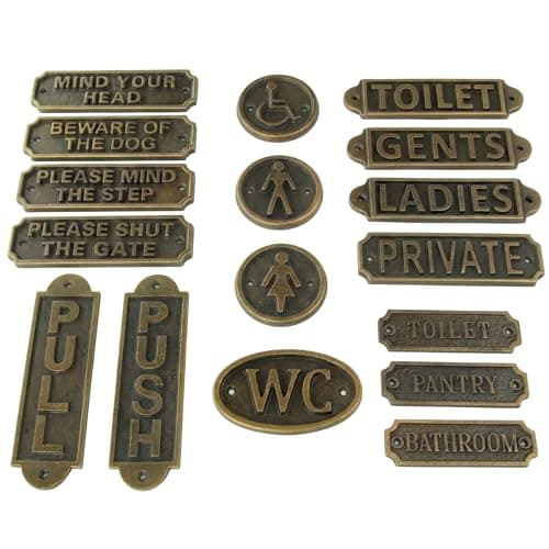 Image of Antique Brass Finish Cast Iron Vintage Style Door Signs, Toilet, Private, Beware of the Dog, Push Pull, Gents, Ladies, Bathroom (Round Disabled Sign 75mm)