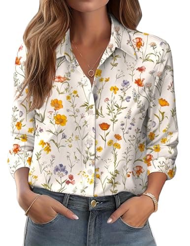 Image of Zeagoo Blouses for Women Long Sleeve Floral Printed Party Tops Button Down Stretch Wrinkle Free Summer Party Vintage Hawaiian Fashion Shirt Yellow Orange Floral L