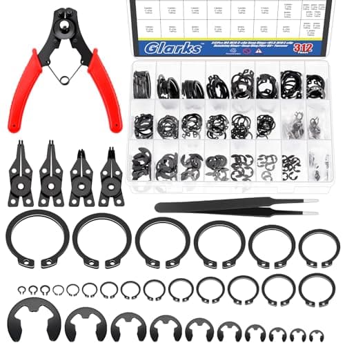 Image of Glarks 312Pcs 65Mn-Steel Circlip Snap Retaining Clip and E-Clip Assortment with Snap Ring Plier Set, 4MM-28MM C-Clip External Retaining Rings and 1.5MM-10MM E-Ring Circlip Rings and A Tweezer