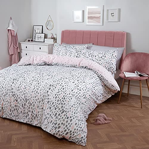 Image of Dreamscene Bedding Single Quilt Cover Set, Reversible Gifts for Women Super Soft Cosy Warm Polycotton Dalmatian Spotty Single Duvet Cover Set Stylish Girls Bedding with Pillowcase, Blush/Grey