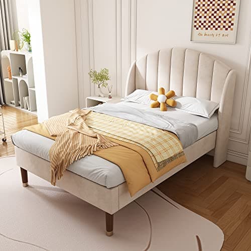 Image of Merax Single bed frame, 3ft Single Upholstered Bed, with slatted frame and headboard, Sturdy Wooden Slat Support, Velvet Fabric (No Mattress), Beige+Velvet/90CM*190CM
