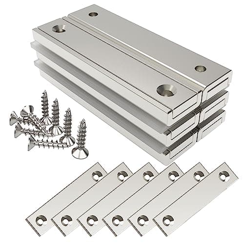 Image of Magnetpro Rectangular Magnets 30 kg Force 60 x 13.5 x 5 mm with Counterparts and Countersunk Hole, Household and Industrial Pot Magnet with Screws Pack of 6