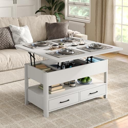 Image of Furnihold Lift Top Coffee Table with Drawers and Hidden Compartment, Coffee Table Converts to Dining Table for Living Room, White