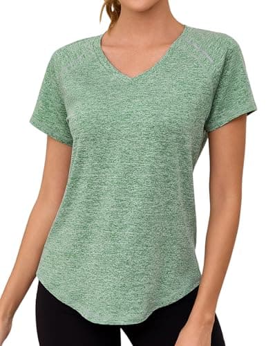 Image of Gyabnw Ladies Gym Tops V-Neck Short Sleeve Fitness T-Shirts Reflective Lightweight Sports Running Yoga Activewear Green