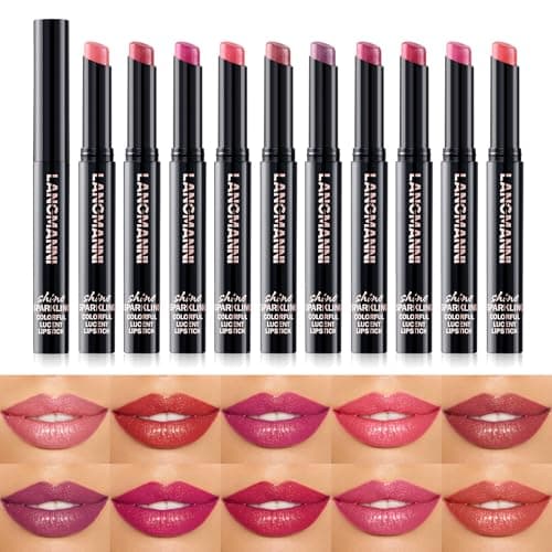 Image of LANGMANNI 10 Colors Sparkling Lipstick Set With Angled Tip | Diamond-Reflective Shimmer & Long Lasting Gloss | Smooth Glow Lip Color Sticks, Gift-Ready for Women Girls