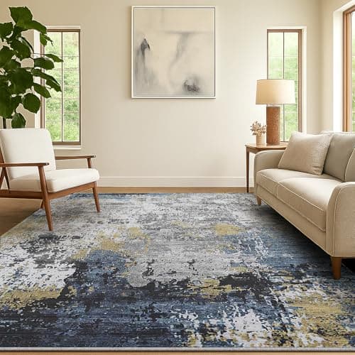 Image of SOANNY Living Room Rug, 120x170 cm Modern Abstract Low Pile Area Carpet, Non-Slip Washable Mat for Bedroom, Hallway, Kitchen, Laundry, Entryway, Utility, Beside Sofa, Office, Blue Gold