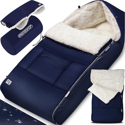 Image of MONZANA® Baby Footmuff with Hand Warmer | Reflective Strips | Cuddly Winter Blanket | Lockable Headrest | 5-Point Belt Compatible | Zip Removable Washable | for Strollers Prams 90x60cm Navy Blue