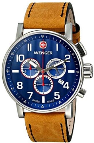 Image of Wenger Commando Chrono Men's Quartz Watch with Blue Dial Chronograph Display and Brown Leather Strap 011243101