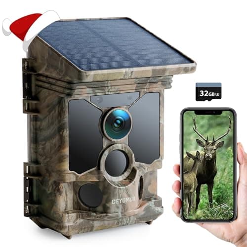 Image of CEYOMUR Solar Wildlife Camera 4K 30fps, WiFi Bluetooth 68MP Trail Camera with 5200mAh Rechargeable Battery, 120° Detection Angle Night Vision Motion Activated IP66 Waterproof with 32GB Micro SD Card