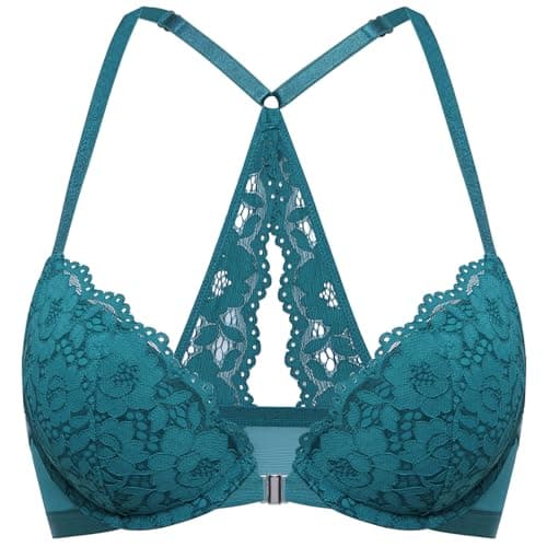Image of DOBREVA Women's Push Up Bra Support Racer Back Front Fastening Lace Padded Plunge Underwired Bra Borealis Green 38D