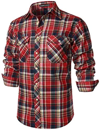 Image of PARKLEES Men's Casual Regular Fit Button Up Flannel Checked Plaid Shirts with Pockets PZLCL41 Dusty Multicolored L