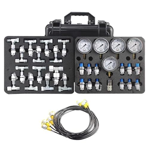 Image of Hydraulic Pressure Test Kit with 5 Gauges, 10/100/250/400/600bar,13 Couplings 14 Tee Connectors 5 Test Hoses,with Portable Carrying Case for Excavator Tractors Machinery