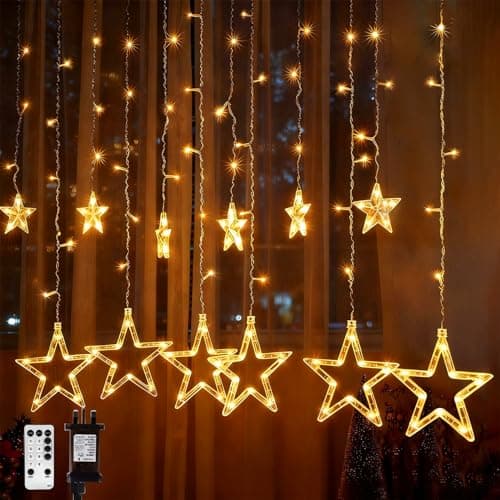Image of Opard Christmas Window Lights 3.6m 138 LEDs 12 Stars, Christmas Decorations Curtain Lights Plug in, Warm White, IP65 Waterproof Fairy Lights with Remote Timer 8 Modes for Indoor Window Balcony Fence