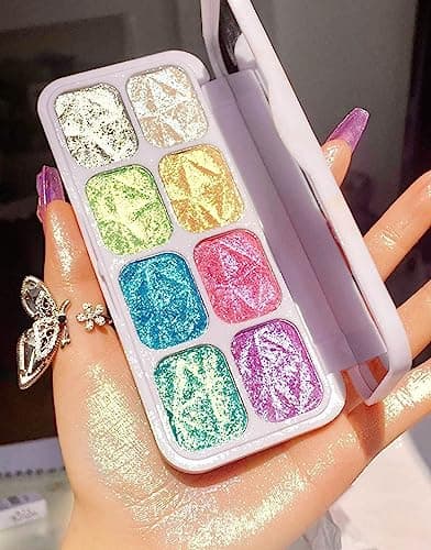 Image of 8 Color Face Cheek Highlighter Makeup Palette Shimmer Glitter Iridescent Multichrome Holographic Eyeshadow Palette Purple Rainbow Glitter Highlighter Makeup Highlight and Contour Chrome Eye Make up