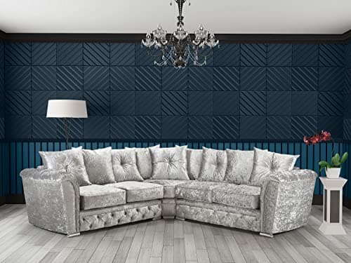 Image of SofaHeaven SILVER CRUSHED VELVET 2C2 CORNER SOFA WITH DIAMANTES -LUXURY SOFAS & COUCHES- 5 SEATERS SETTEE FOR LIVING ROOMS - DELIVERY ALL OVER UK-101