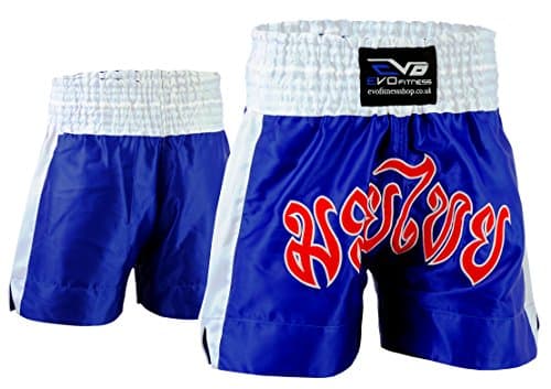 Image of Evo Muay Thai Fight Shorts MMA Kick Boxing Grappling Martial Arts Gear UFC Men (Blue & White, XL)