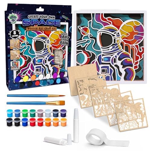 Image of Splat Planet – Space Scene 3D Wooden Art Kit – Paint Your Own 3D Layered Wood Wall Art for Kids & Adults, DIY 3D Art Space Scene Wood Painting Kit Wooden Art and Craft Gift Set, 25 x 25cm