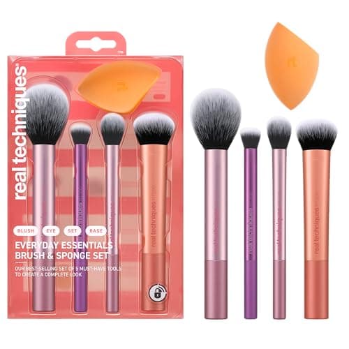 Image of Real Techniques Everyday Essentials + Makeup Sponge Kit for foundation, blush, bronzer, eyeshadow, powder, synthetic, cruelty-free tools and blender for flawless looks, 5 Piece Set