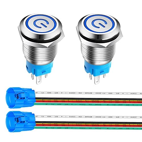 Image of Gebildet 2 Pieces 0.63''/16mm Stainless Steel Latching Push Button Switch 12V-24V 5A Power Symbol LED 1NO1NC SPDT ON Off Waterproof Toggle Switch with Wire Socket Plug (Blue LED)