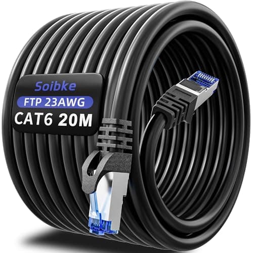 Image of Ethernet Cable 20m Cat 6, Internet Cable High Speed Network Cable 1000Mbps Gigabit Wifi Cable FTP Shielded Patch Cables Weatherproof 23AWG LAN Cables Black Wlan Cables Indoor LAN Cables for Router