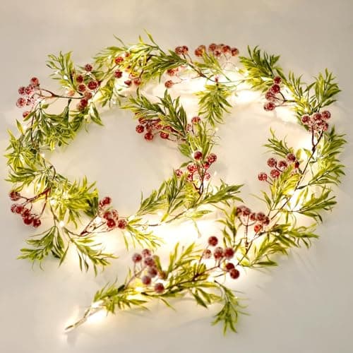 Image of Christmas Garland with Light,Lighted Snowy Red Berries Holly Leaves Garland for Fireplace Mantle Indoor Outdoor Christmas Decoration 6.5FT Pre-lit Battery Operated Xmas String Lights 2 Pack