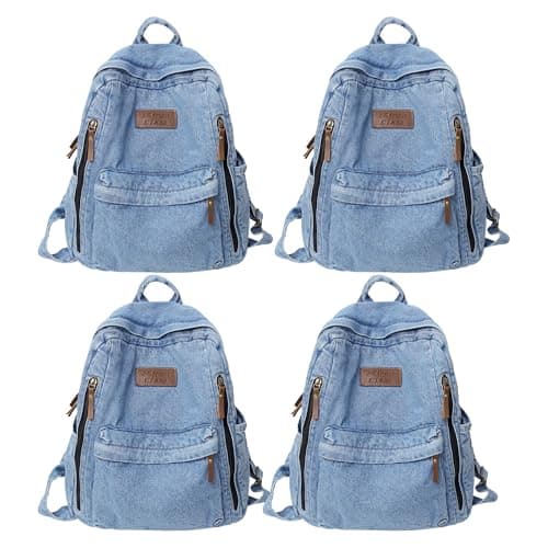 Image of 4pcs Denim Backpack for Men Women Vintage Rucksack Canvas Backpack Blue Jeans Laptop Backpack Retro Rucksack for Study Travel Work (Light Blue)