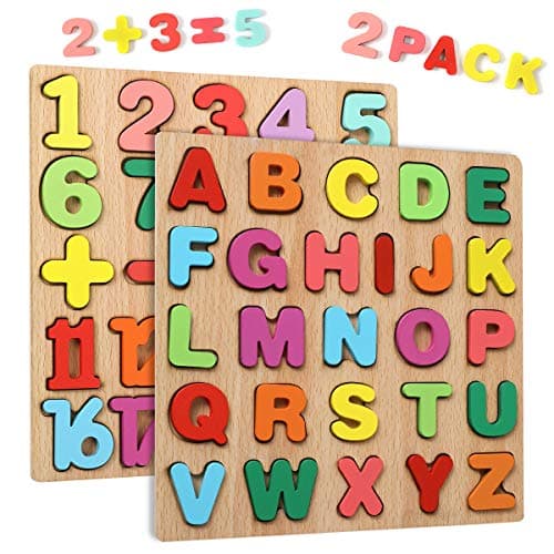 Image of WGDE Toy Wooden Puzzles for 2-4 Year Old Kids, Alphabet and Number Learning Toys, Gifts for Girls and Boys Toddlers