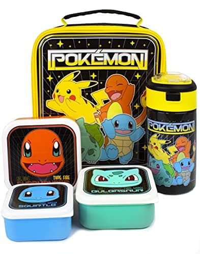 Image of Pokemon Lunch Bag Set | Adventure with Pikachu, Bulbasaur, Squirtle, Charmander | 5-Piece School Dinner Bag with BPA-Free Water Bottle & Snack Pots | One Size Fun
